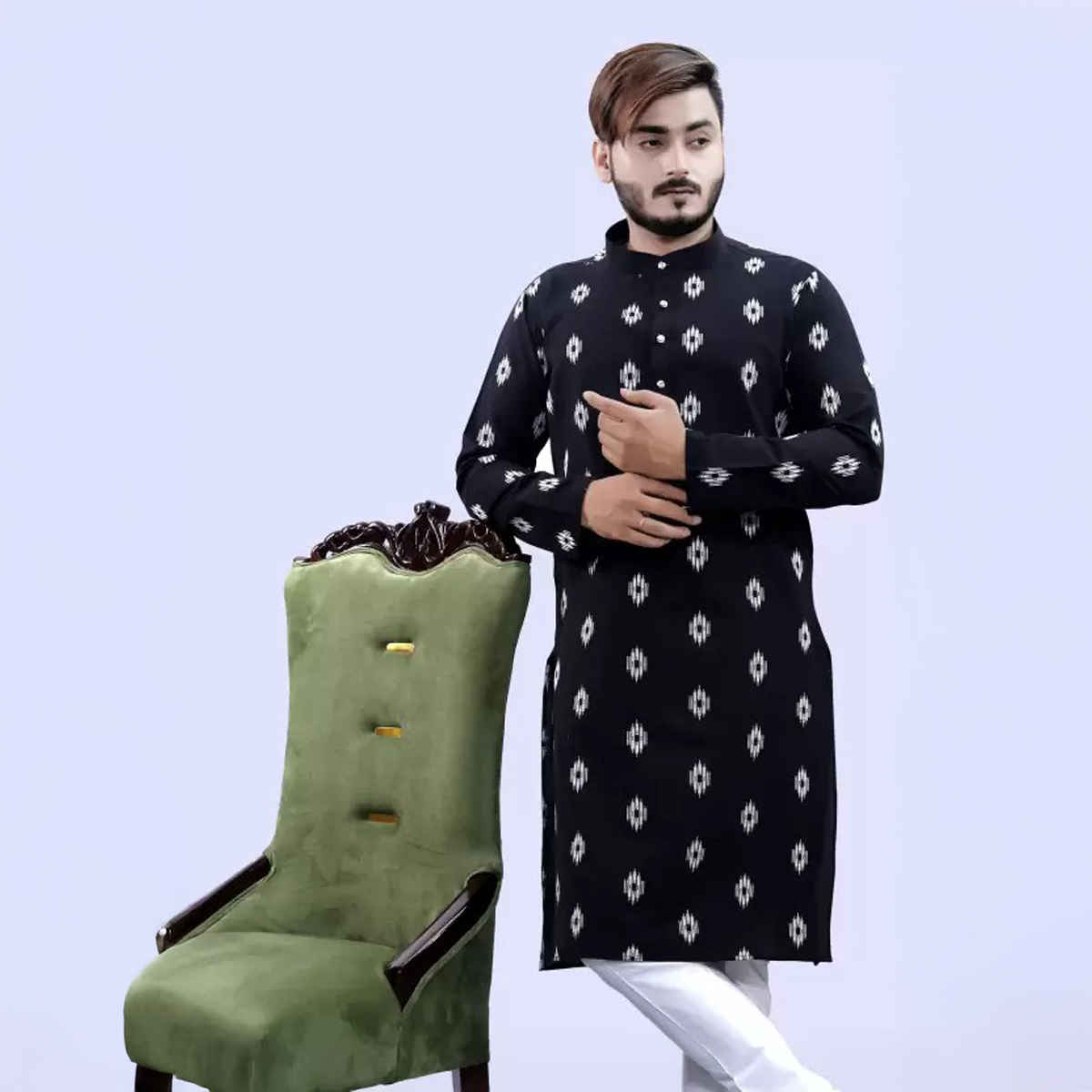 Tibra Collection Men Straight Kurta - Black | Printed | Cotton Blend | L