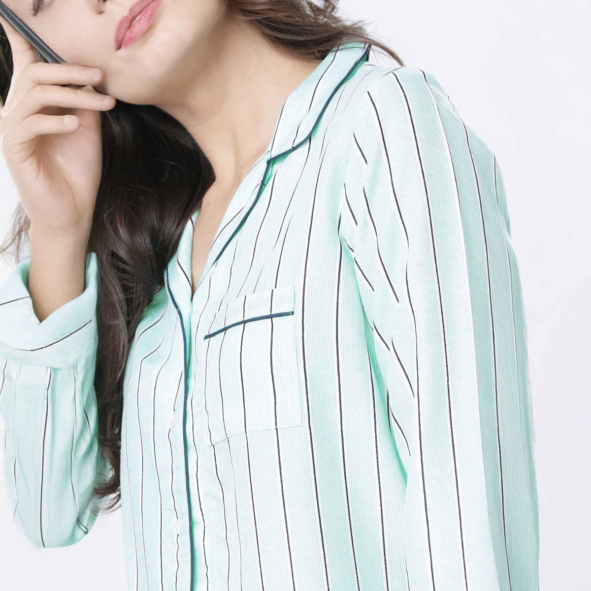 Tokyo Talkies Women's Striped Casual Shirt | Mint and Navy Blue - XL