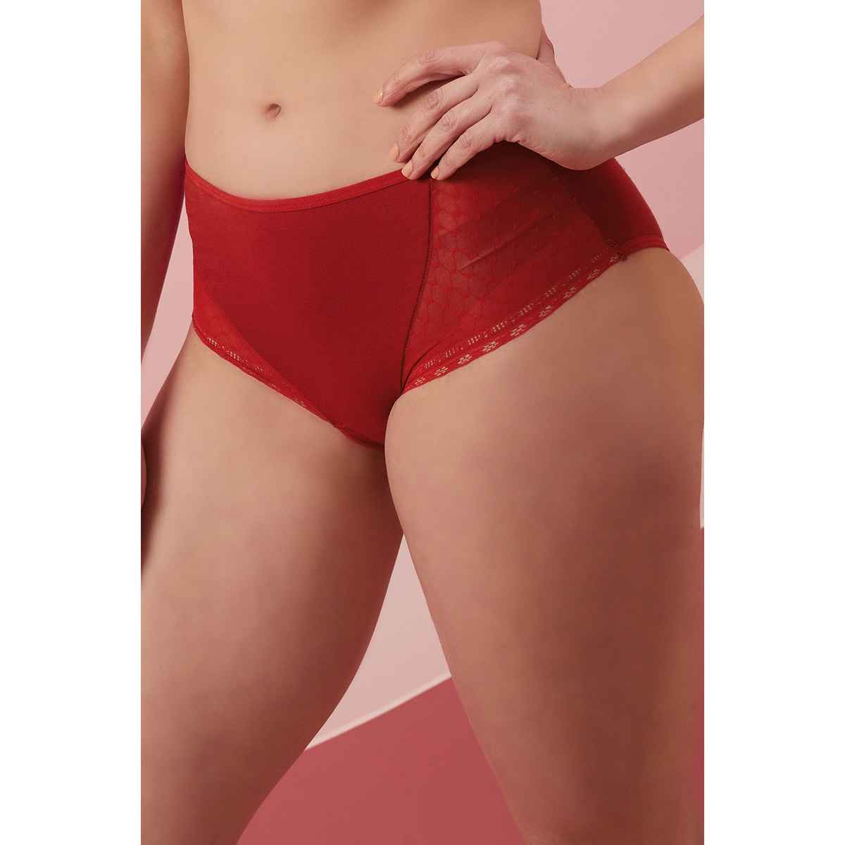 Clovia Mid Waist Hipster Panty in Maroon with Lace Panels - Cotton | PN2587A09 - Maroon - M