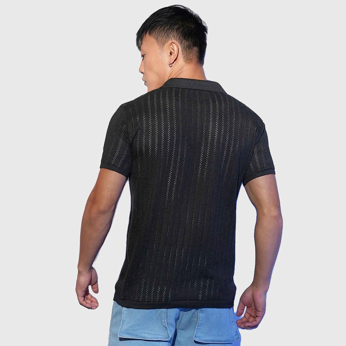 Campus Sutra Men's Stripe - Textured Polo T-shirt | Black - L