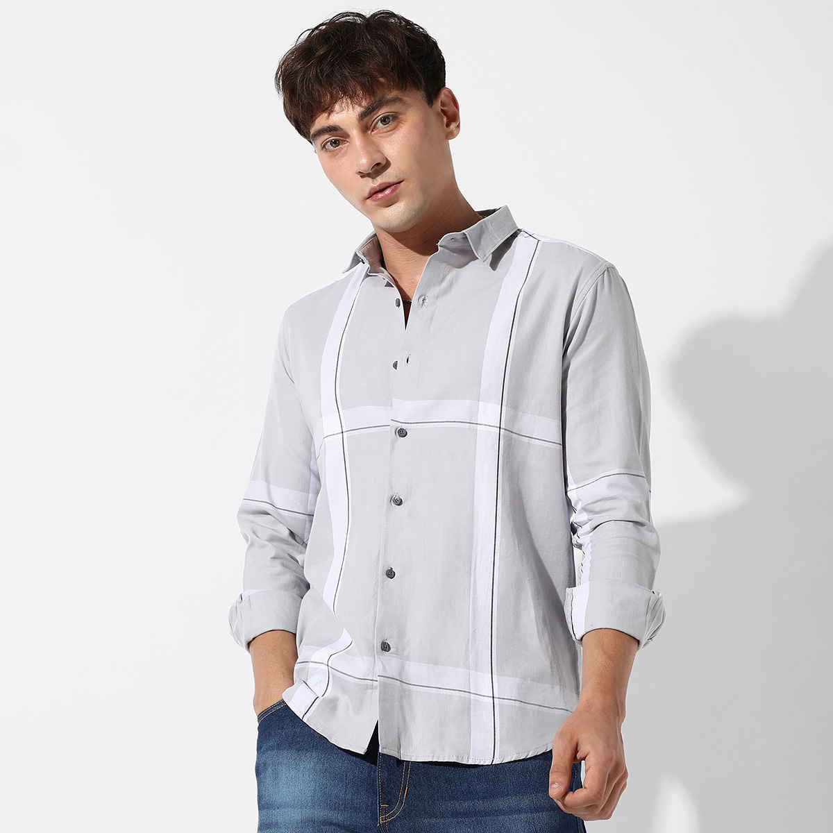 Campus Sutra Men's Tartan Plaid Shirt | Grey - S