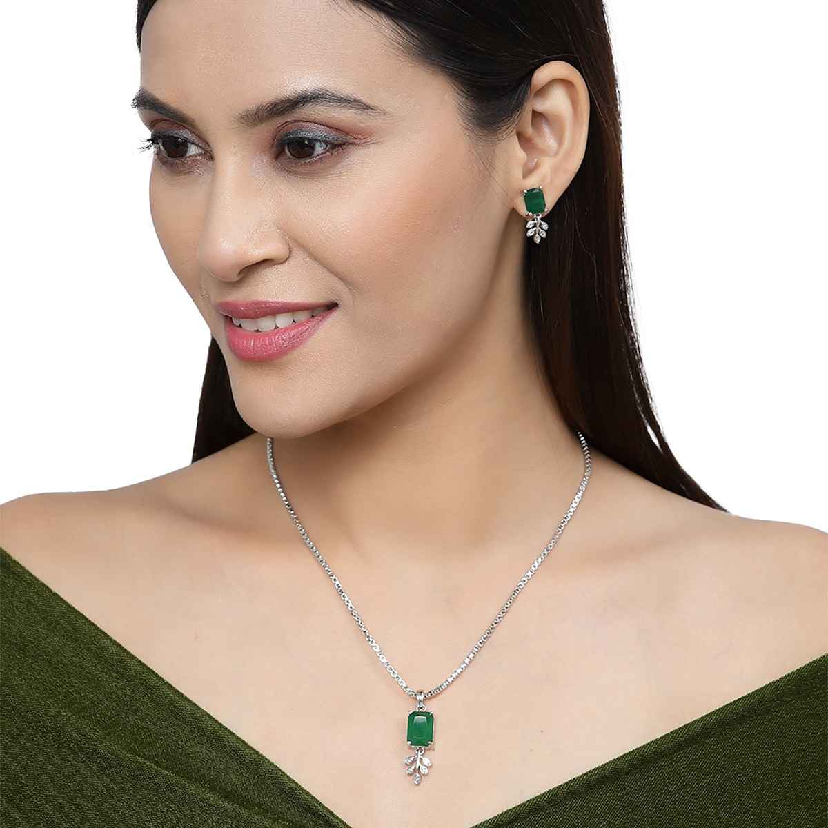 Zeneme Rhodium-Plated American Diamond Studded Jewellery Set For Women & Girls