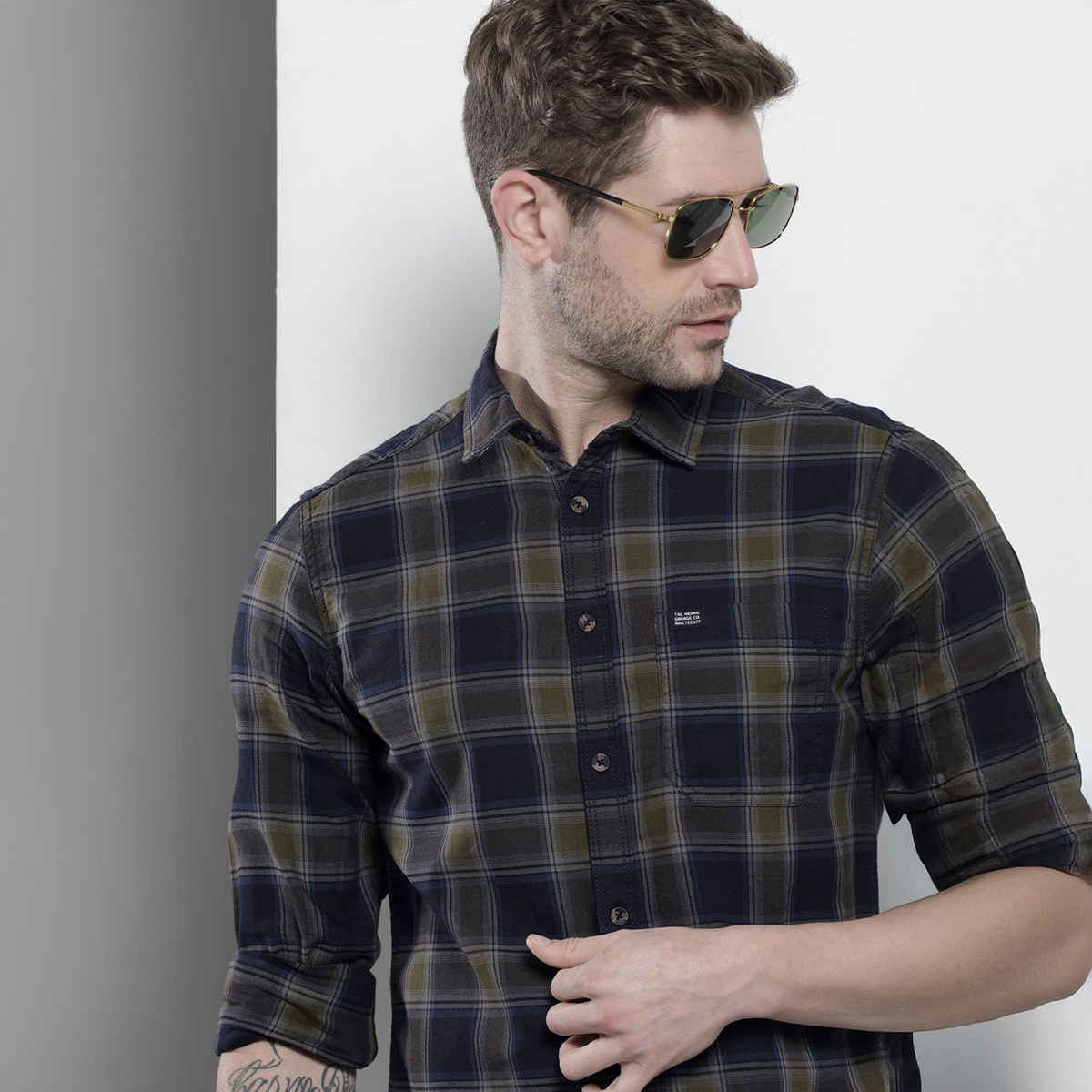 The Indian Garage Co Men's Slim Fit Checkered Casual Shirt | Navy Blue & Green - 2XL