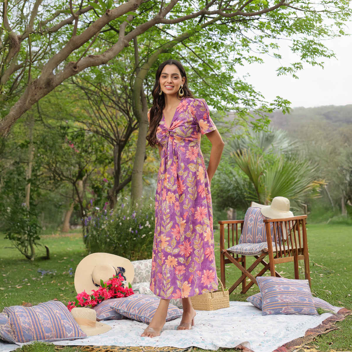 JISORA Women's Printed Cotton Purple Midi Dress | S - D2636