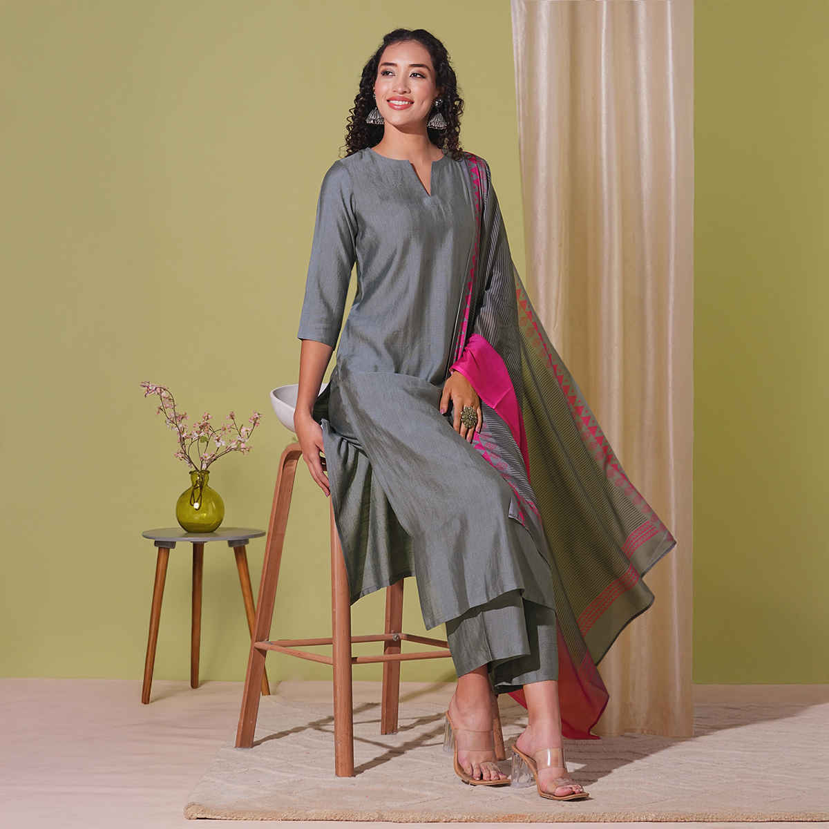 GoSriKi Women's Viscose Rayon Straight Solid Kurta with Pant & Dupatta | MOGUL | Grey - M