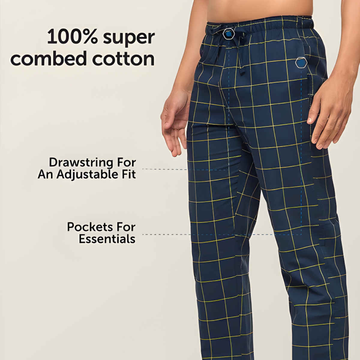 XYXX Checkmate 100% super combed cotton Checks Pyjama Relaxed Fit | 2 Side pockets | Navy- M