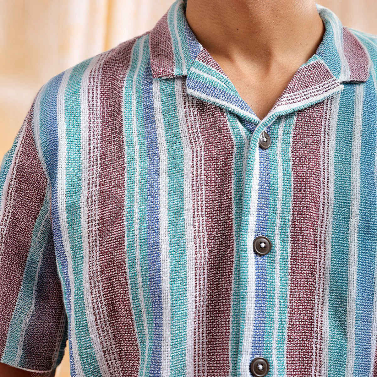 The Indian Garage Co Men's Relaxed Fit Striped Resort Half Sleeve Shirt | Maroon - S