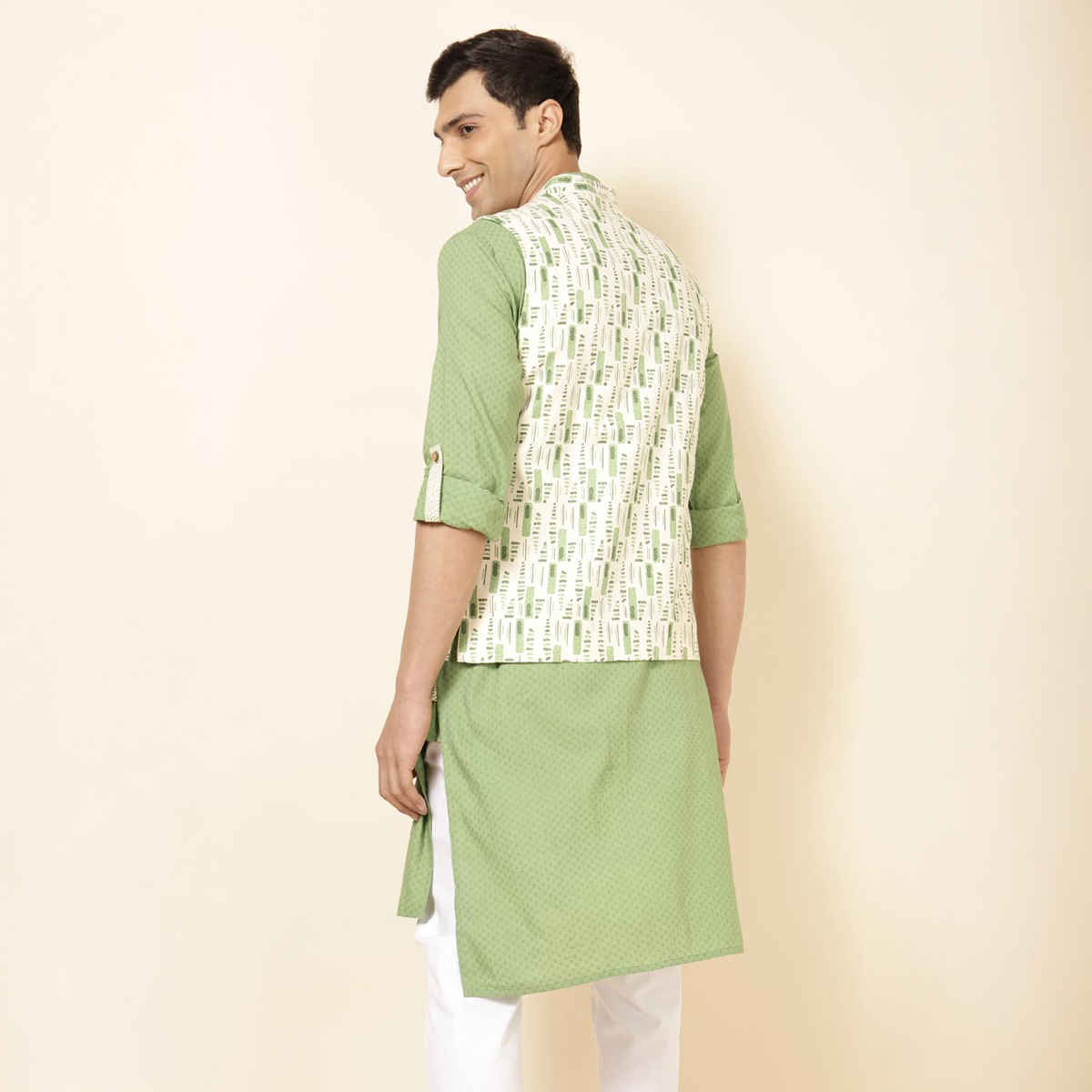 Fabindia Men's Nehru Jacket Cotton Tribal Printed Slim Fit | Natural - S