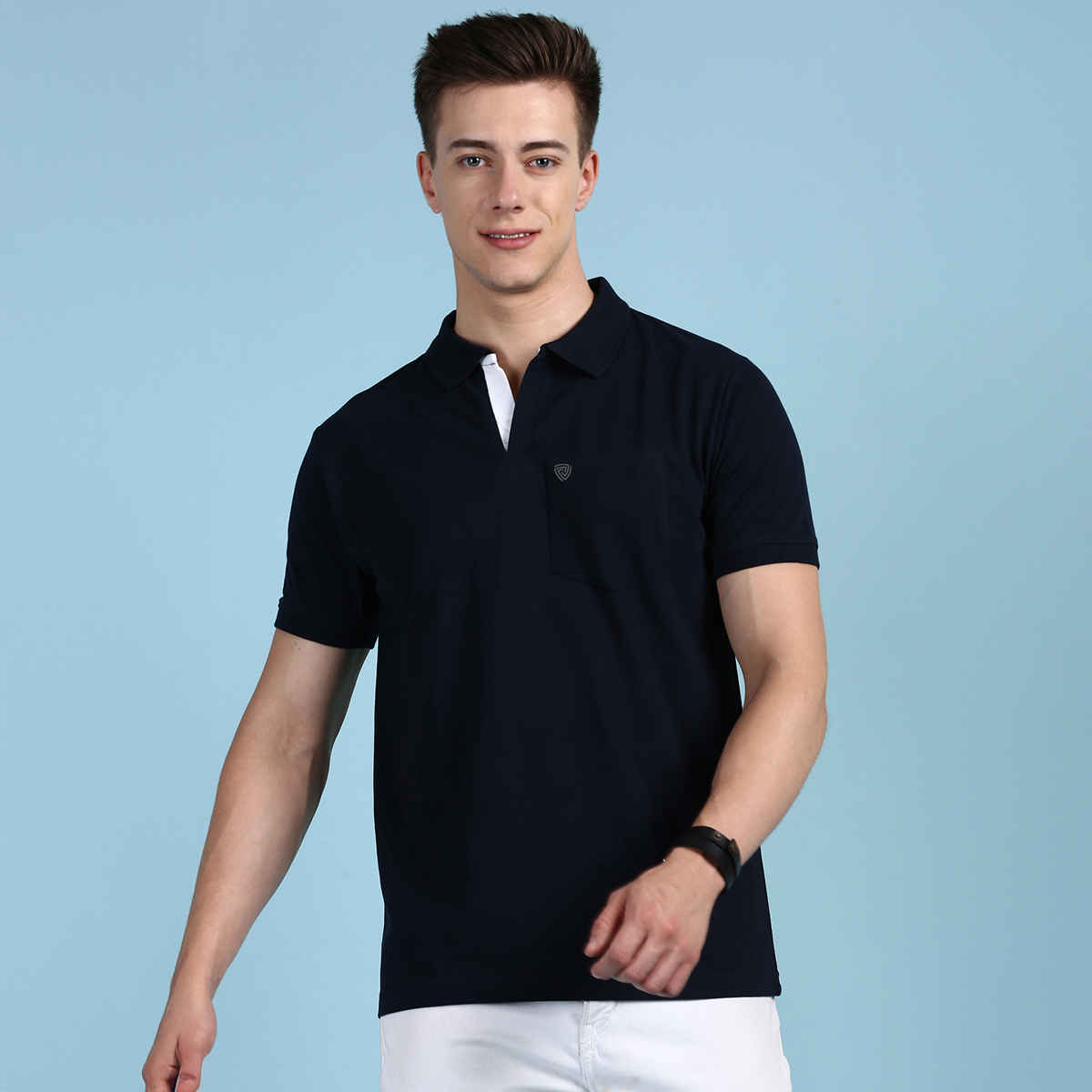 Lux Cozi Solid Cotton Polo T-shirt with Pocket for Men | Navy | Size - S