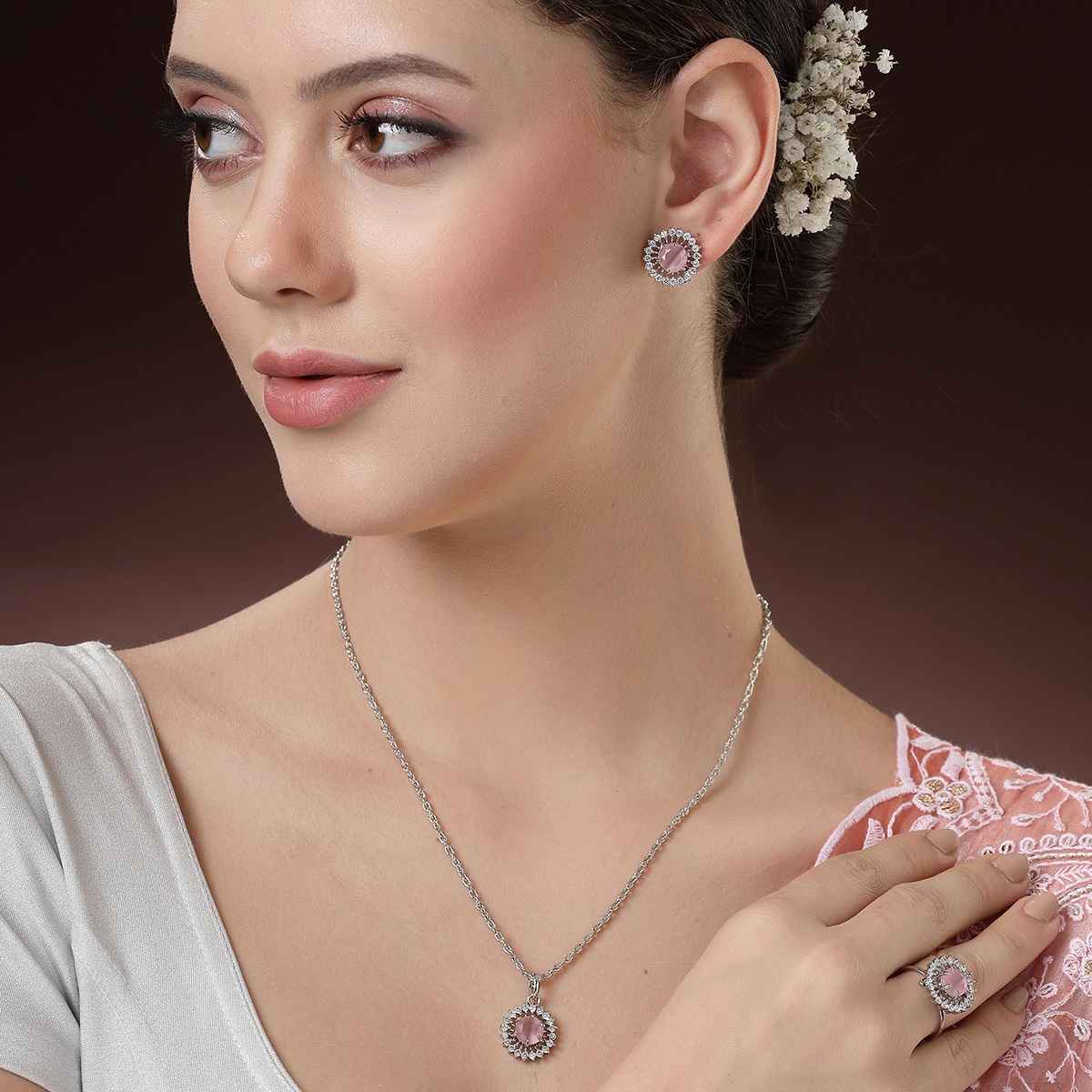 Zeneme Rhodium-Plated Pink AD Crystal Round Necklace Earrings Ring For Women & Girls