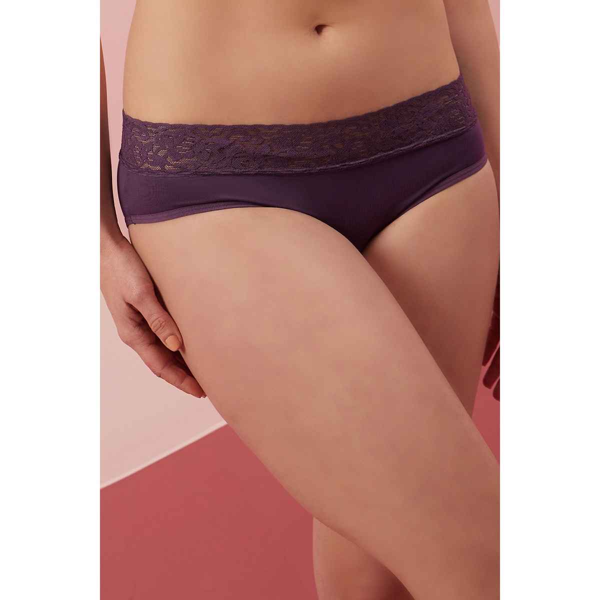 Clovia Mid Waist Hipster Panty with Lace Waist in Plum Colour - Cotton | PN0795P15 - Purple - 3XL