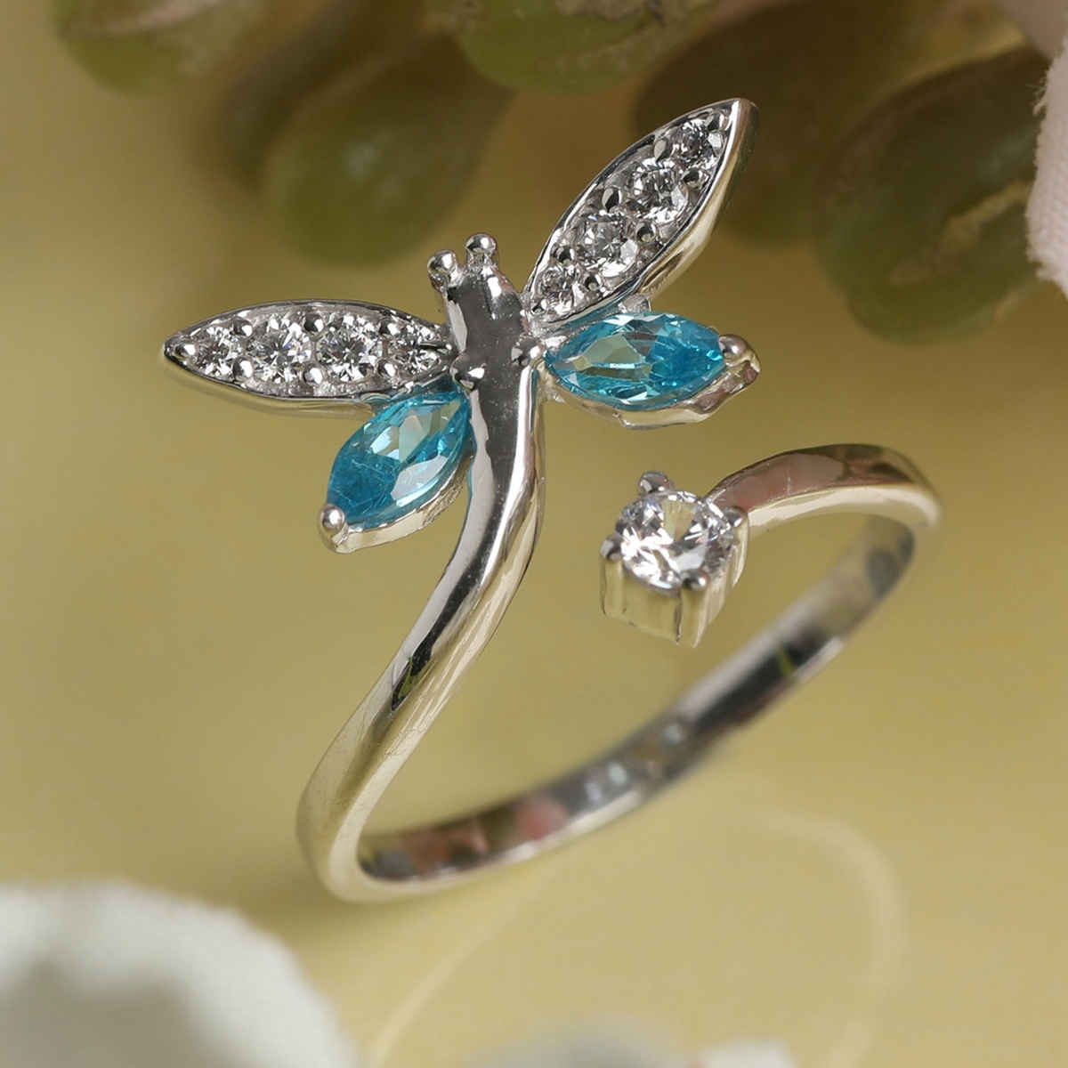 Clara 925 Sterling Silver Butterfly Open Ring | Size Adjustable, Rhodium Plated, Swiss Zirconia
