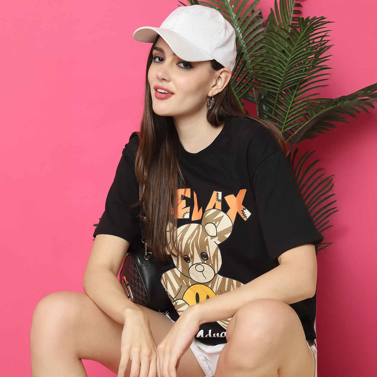 Fabflee Women Oversize Cotton Printed Round Neck Tshirt | Black | FAB-OS-520 | S