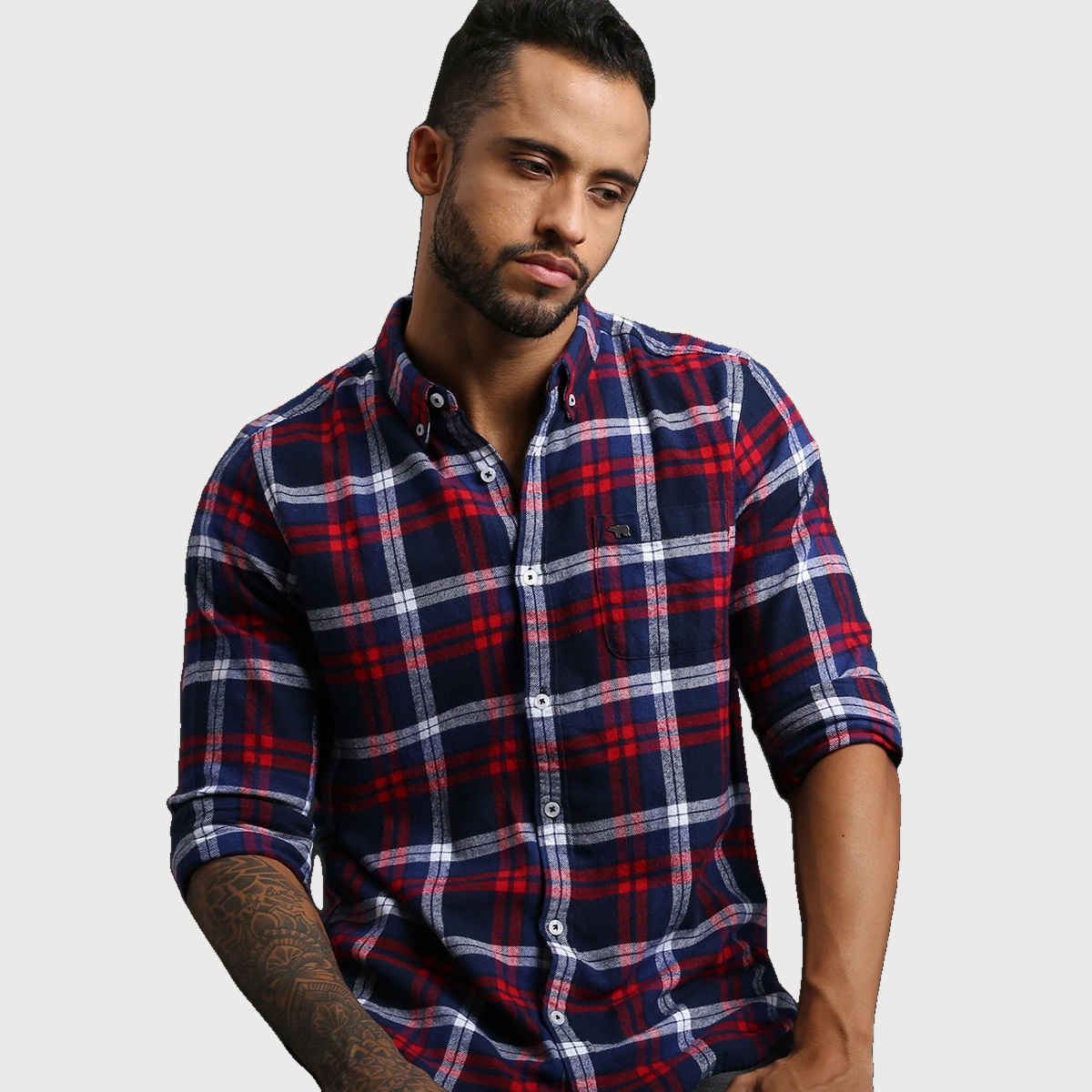 The Bear House Men Slim Fit Checked Shirt - Bud | Blue and Red | L
