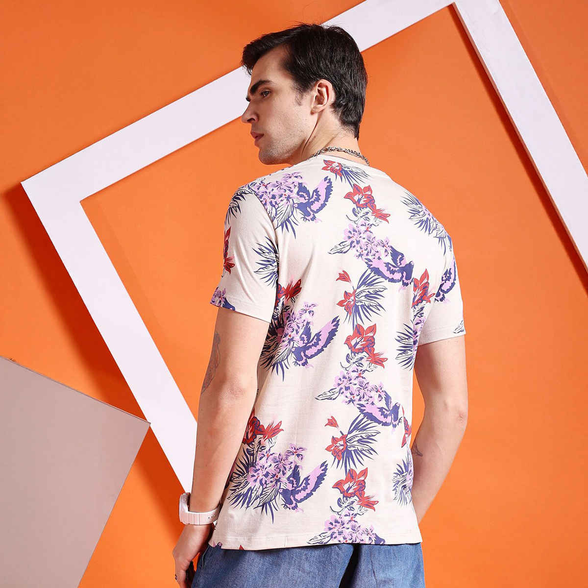 The Indian Garage Co Men Casual Regular Fit Beige Tropical T-shirt - M | 1121-Btee-156-2