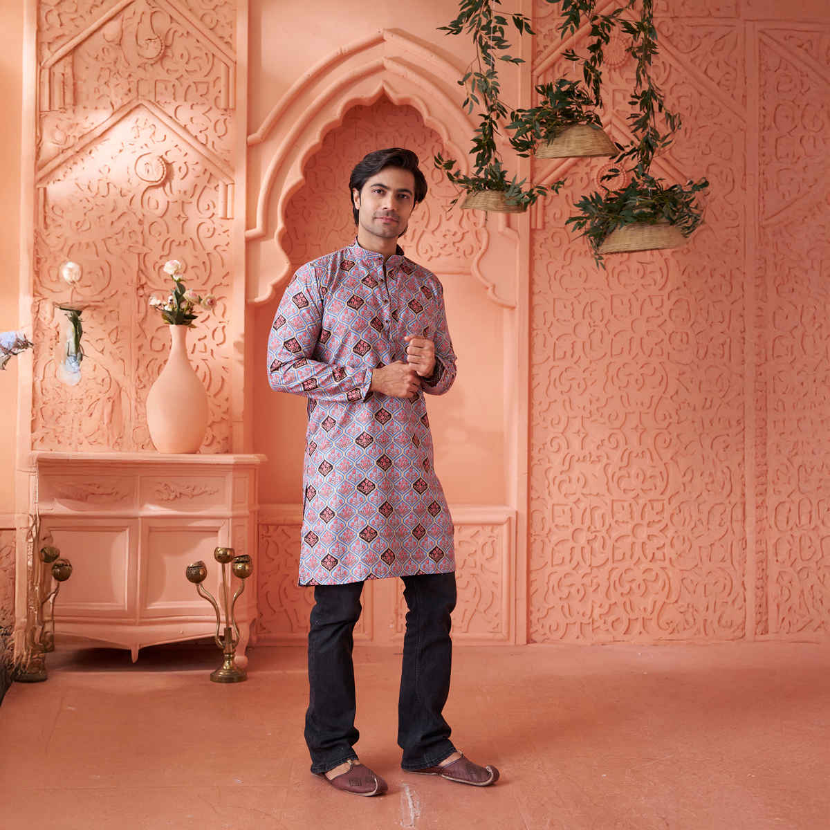 House Of Festivals Men's Printed Cotton Blend Long Kurta | Light Blue - M