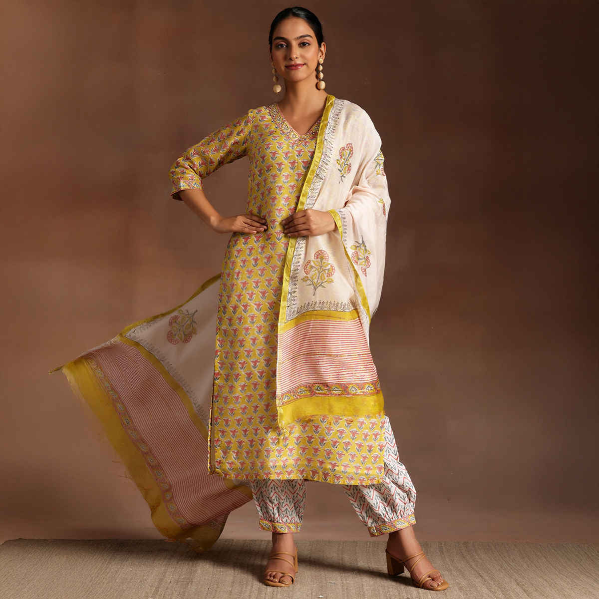 Libas Printed Cotton Straight Suit With Dupatta | 35922H | Yellow - S