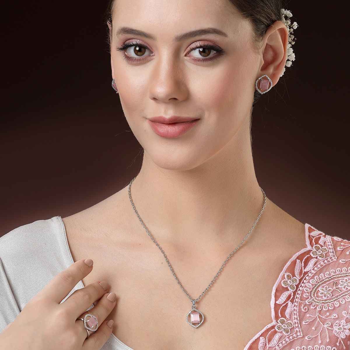 Zeneme Silver-Plated AD Stone-Studded Marquise Halo Pink Necklace and Earrings Ring Women & Girls