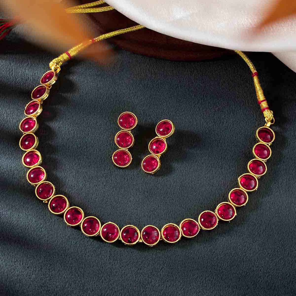 Peora Gold Plated Red Choker Necklace with Drop Earrings Traditional Jewellery Set for Women