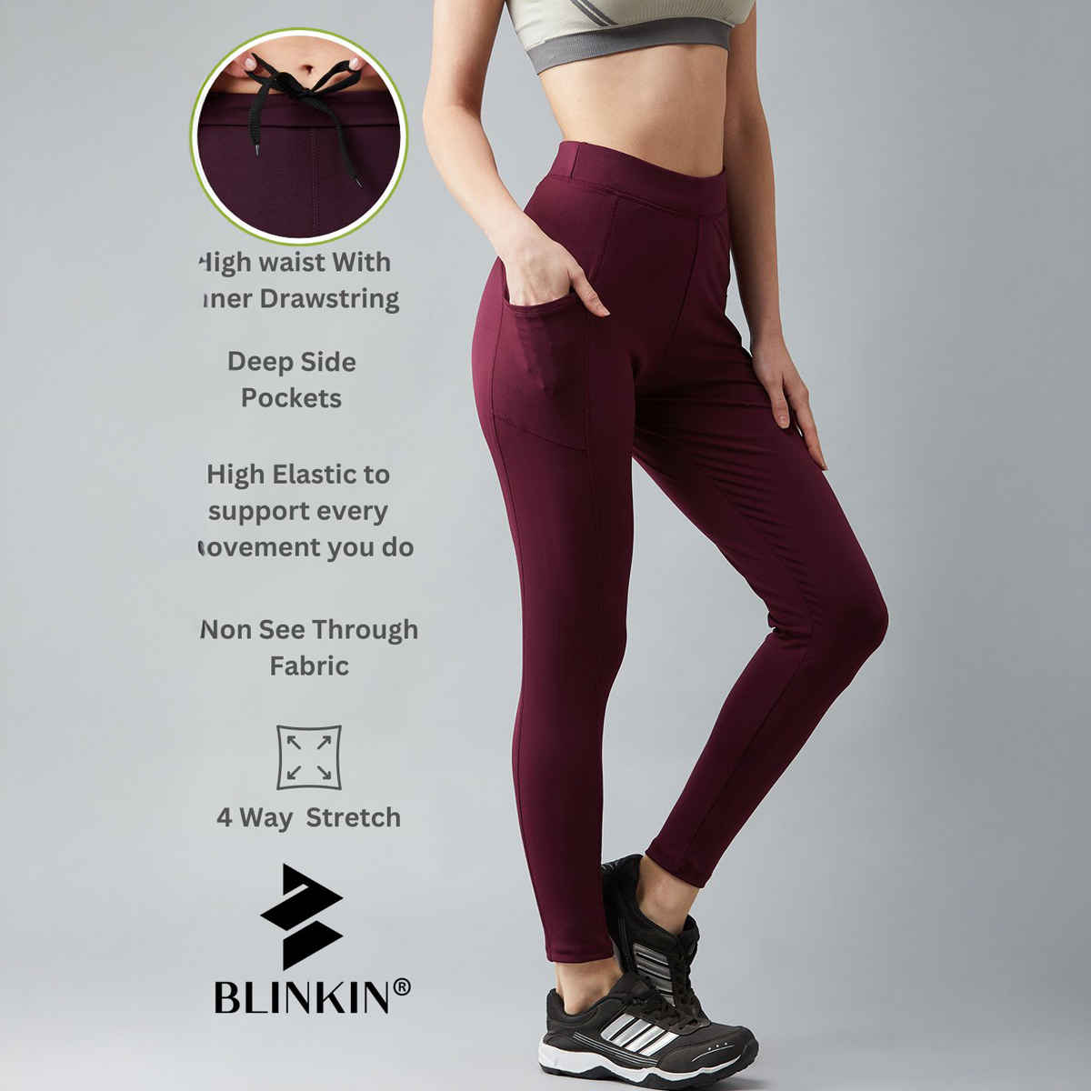 Blinkin Women's Gym Pants & Tights - Maroon | Stretchable | With Side Pockets | XL