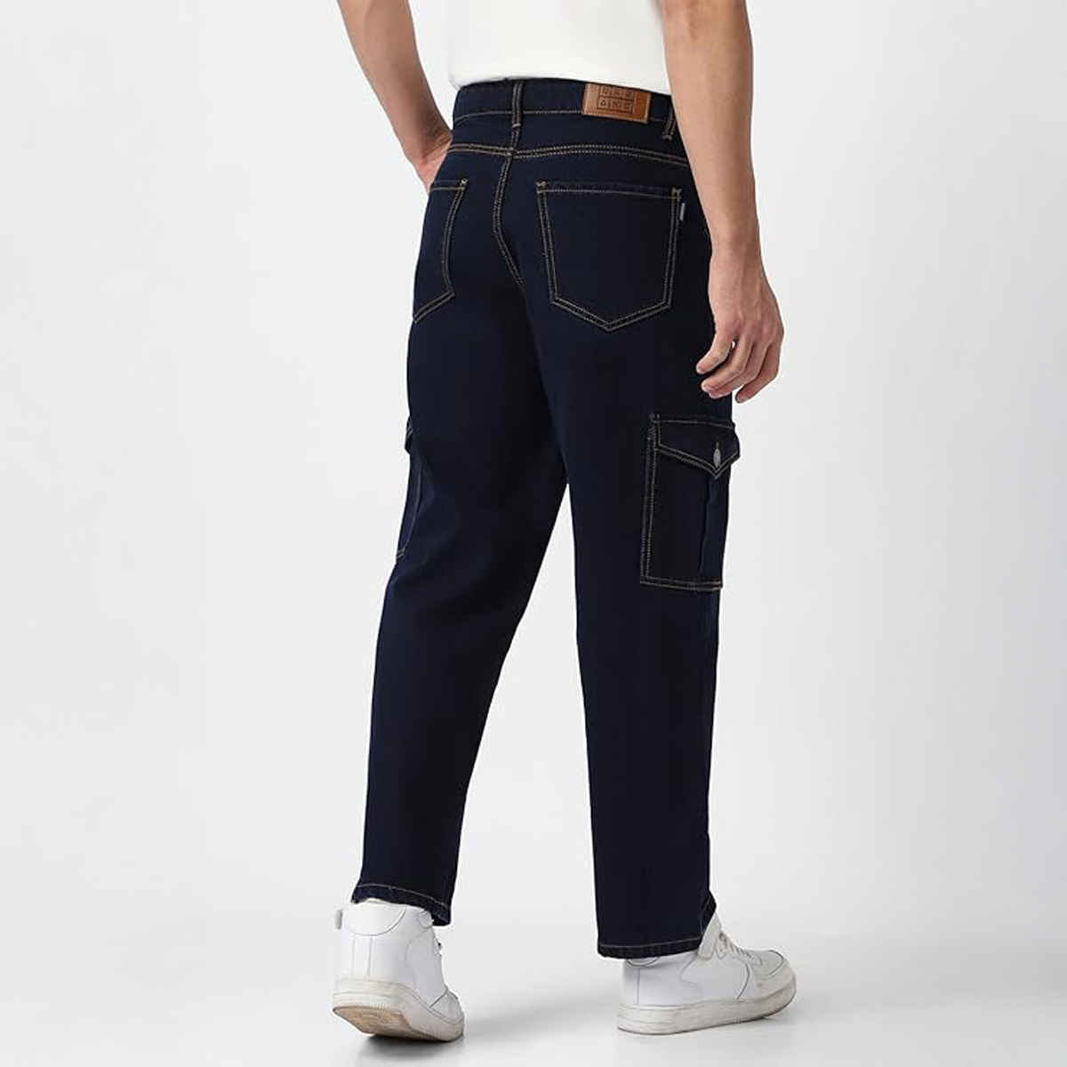 Urbano Fashion Men's Dark Blue Loose Baggy Fit Cargo Jeans With 6 Pockets Non-Stretchable-36