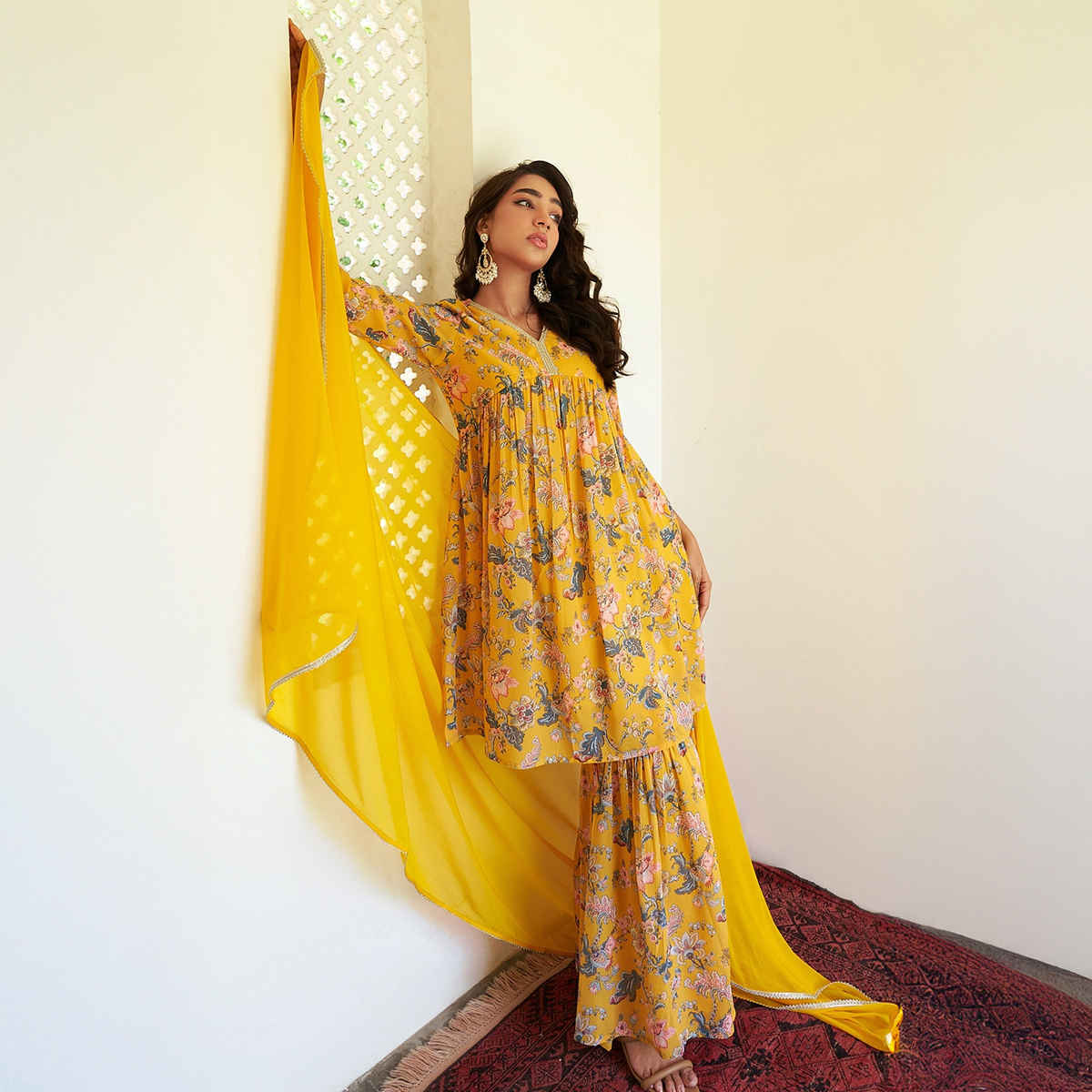 Janasya Women's Yellow Georgette Digital Floral Printed Kurta with Sharara and Dupatta | S