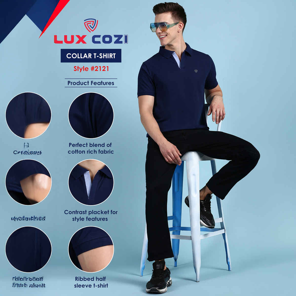 Lux Cozi Men's Solid Cotton Polo T-shirt | Ink Blue - L