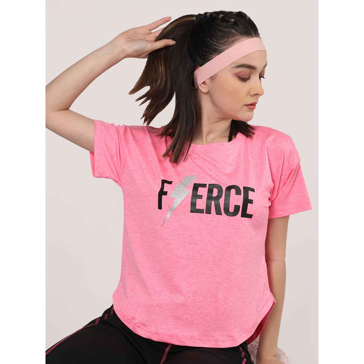 Chkokko Women's Round Neck Dry Fit Gym Sports Printed Regular Fit T-shirt | Spacedye Pink - XL