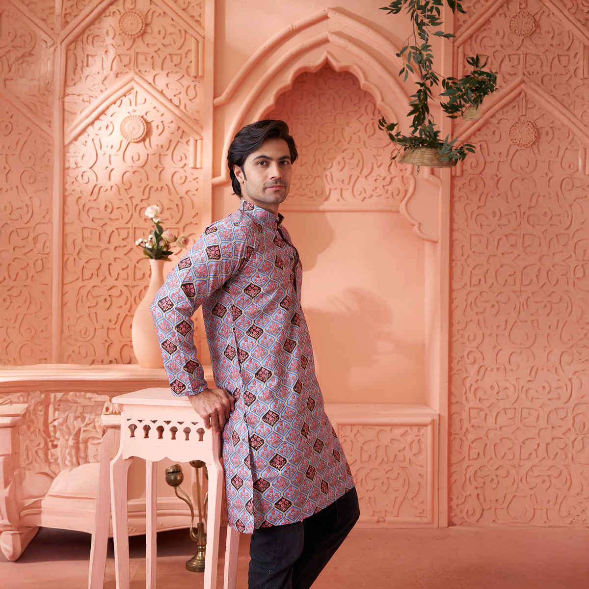 House Of Festivals Men's Printed Cotton Blend Long Kurta | Light Blue - S