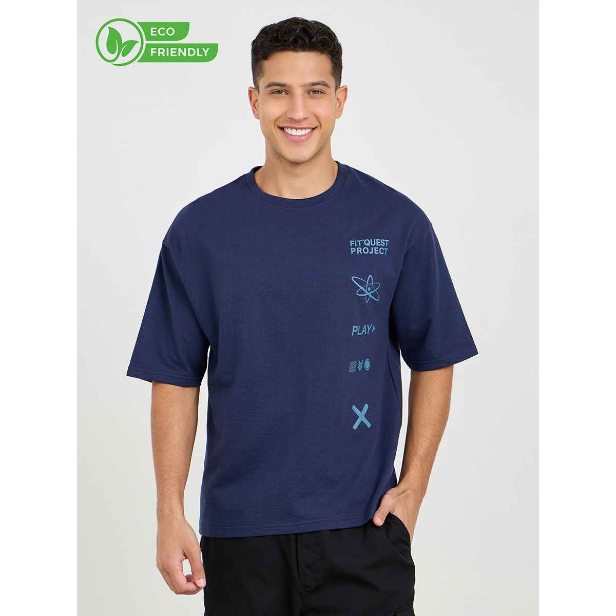 Styli Men's Oversized Athleisure T-shirt with Slogan Print | Navy Blue - XL