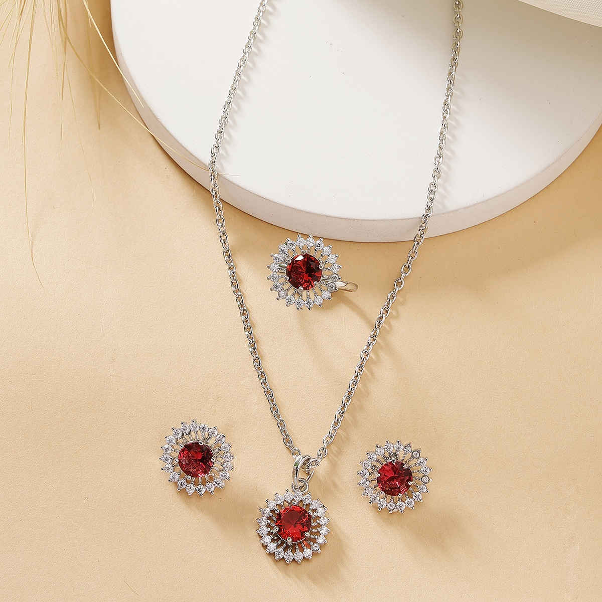 Zeneme Rhodium-Plated Red AD Crystal Round Necklace Earrings Ring For Women & Girls