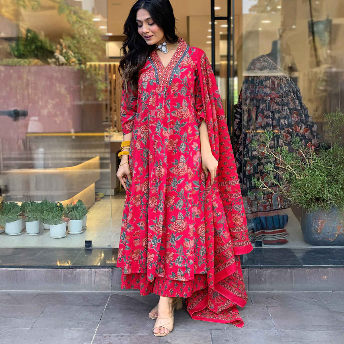 GoSriKi Women's Viscose Rayon Anarkali Printed Kurta with Pant & Dupatta | CIA | Pink - M