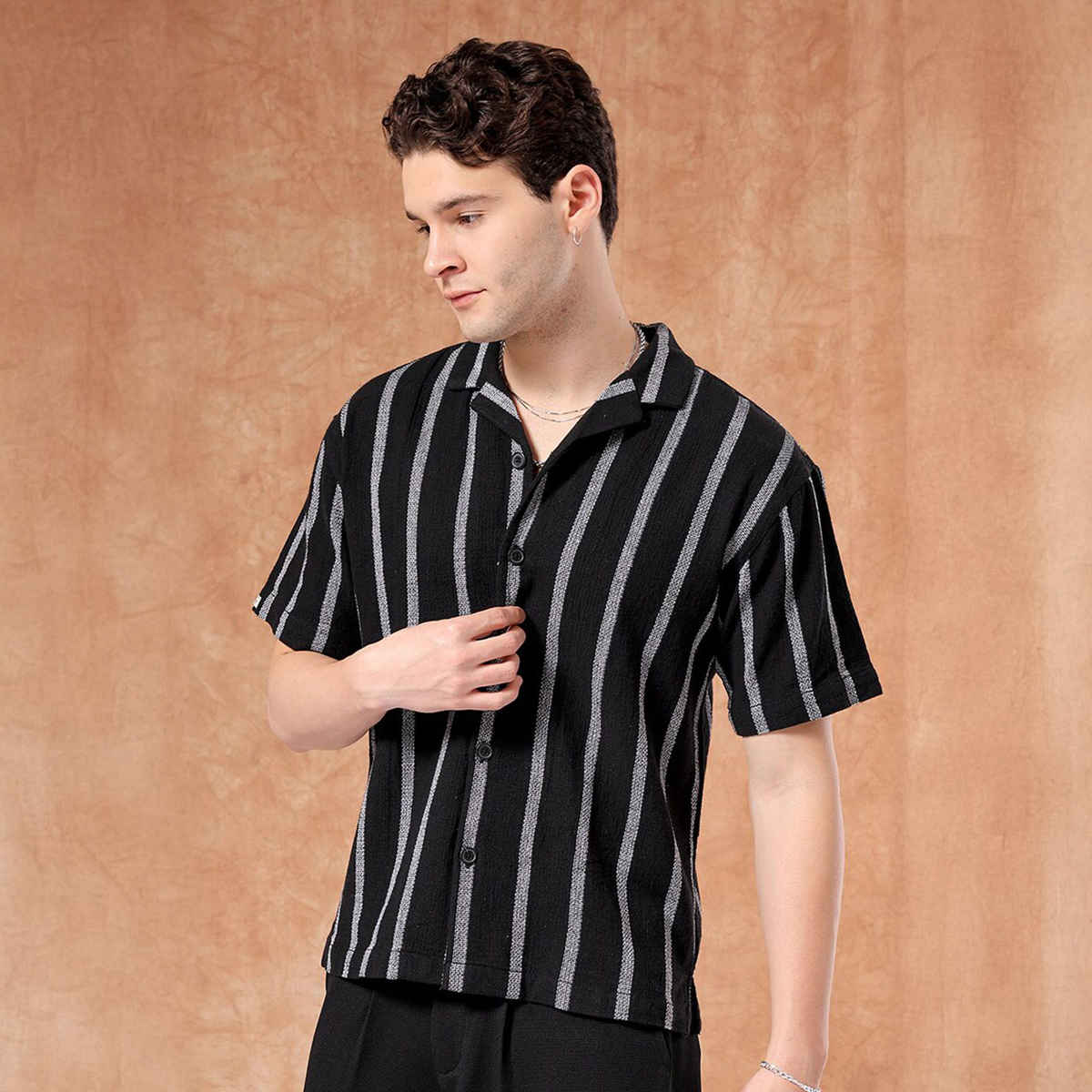 The Indian Garage Co Men's Relaxed Fit Striped Resort Half Sleeve Shirt | Black - S