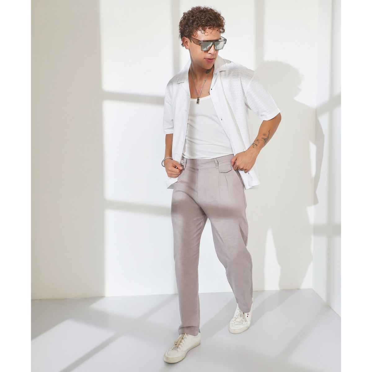 Campus Sutra Men's Tailored Linen-Blend Trousers | Grey - 30