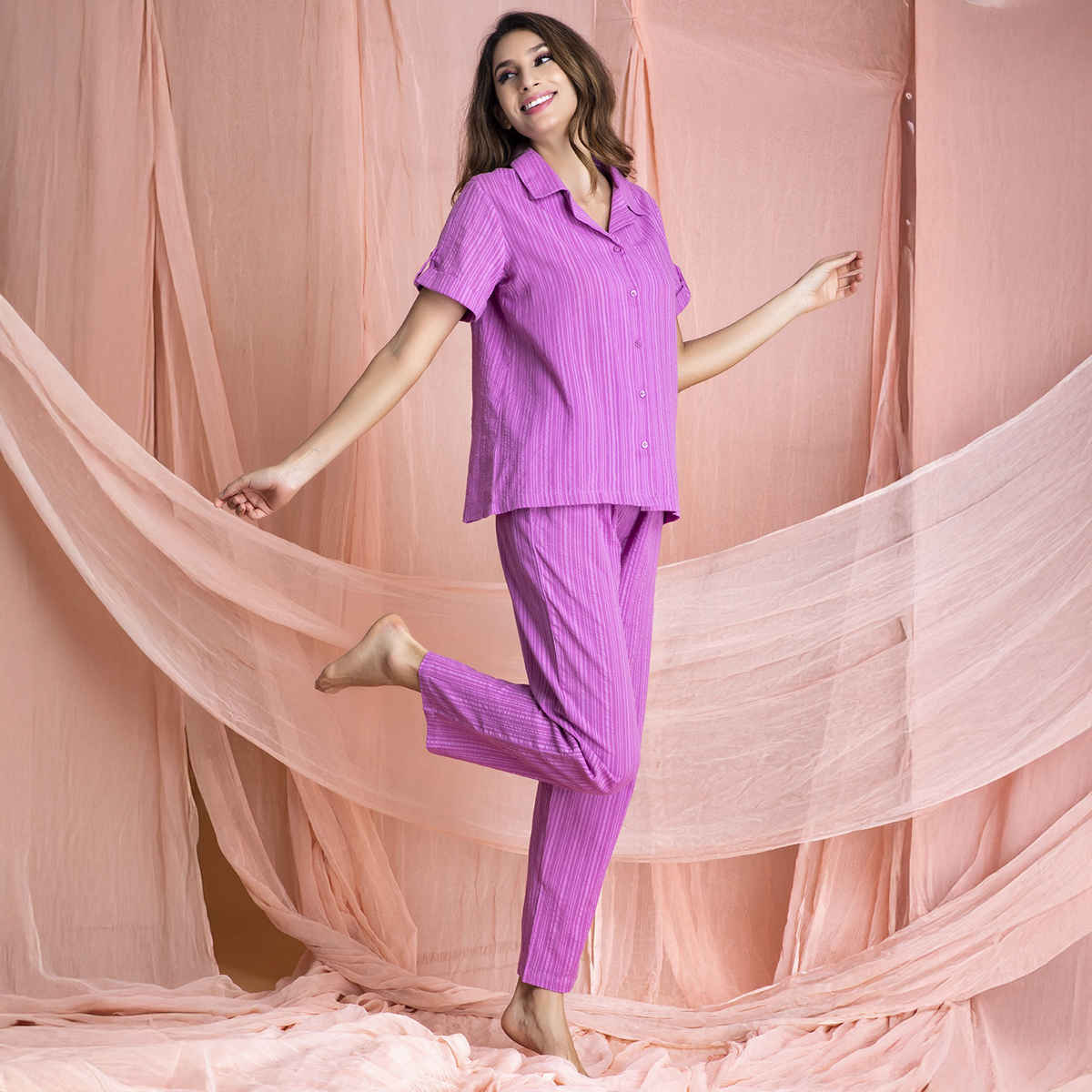 Clovia Sassy Stripes Button Down Shirt & Pyjama - Cotton(Purple - Xxl)
