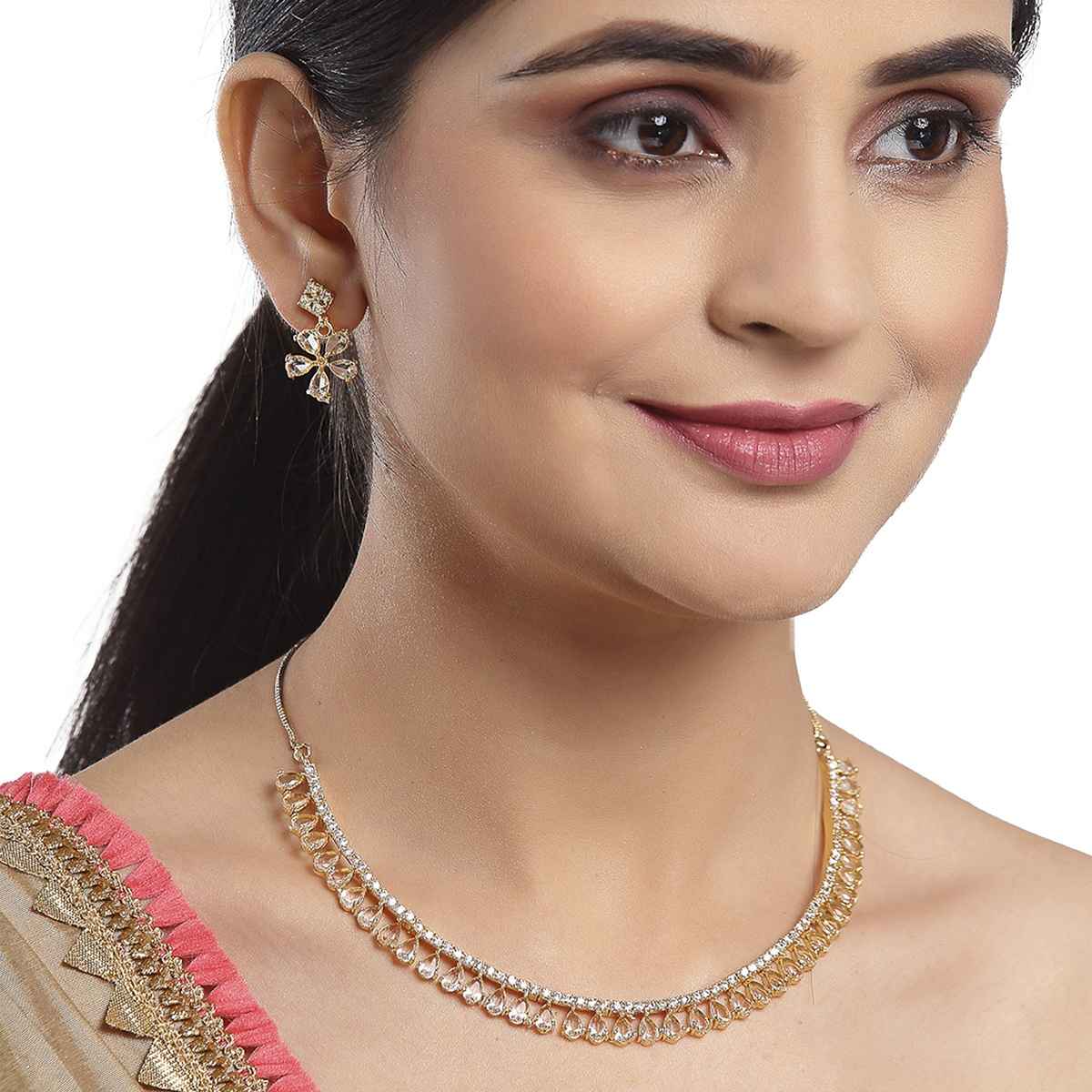 Zeneme Gold-Toned & Plated American Diamond Studded Jewellery Set For Women & Girls