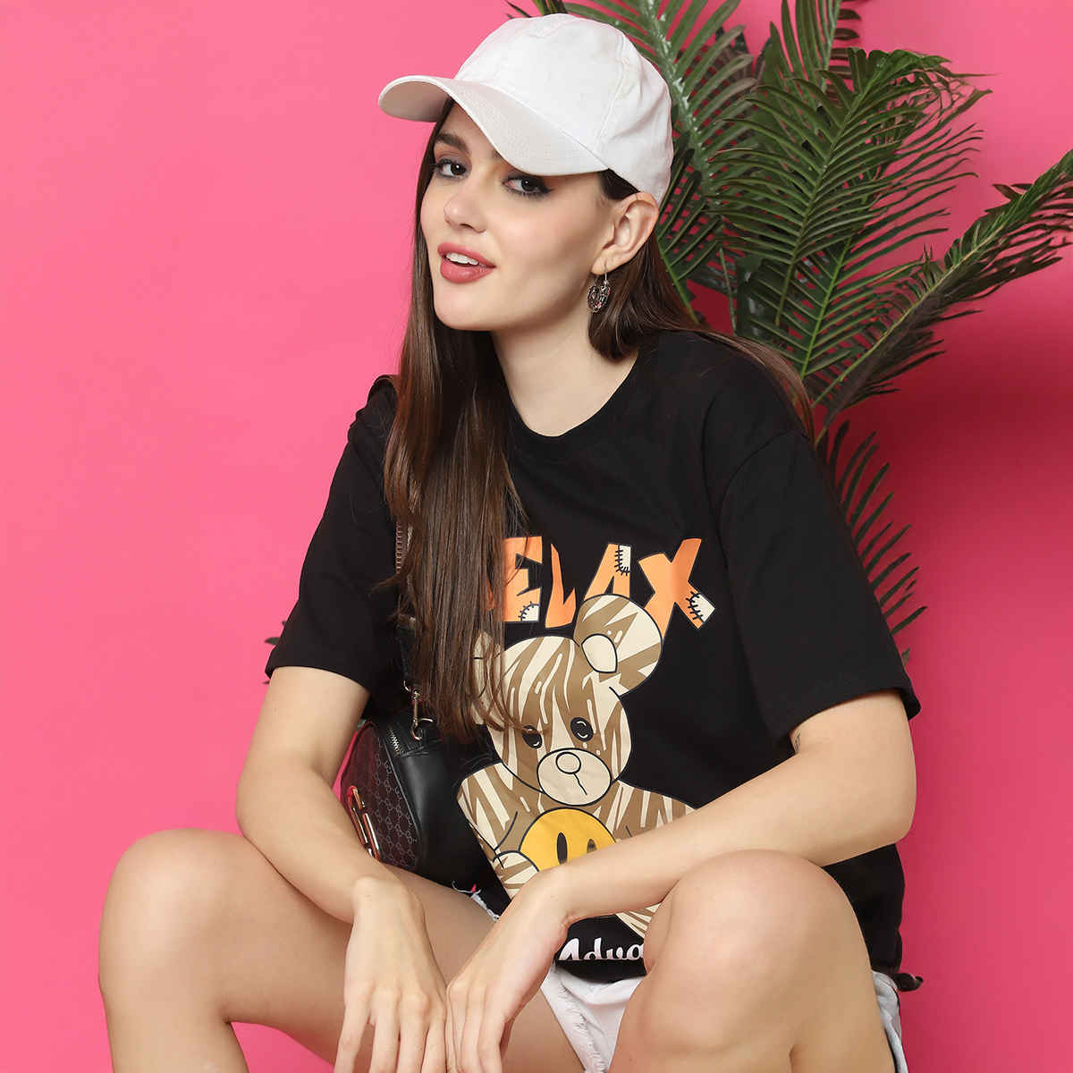 Fabflee Women Oversize Cotton Printed Round Neck Tshirt | Black | FAB-OS-520 | M