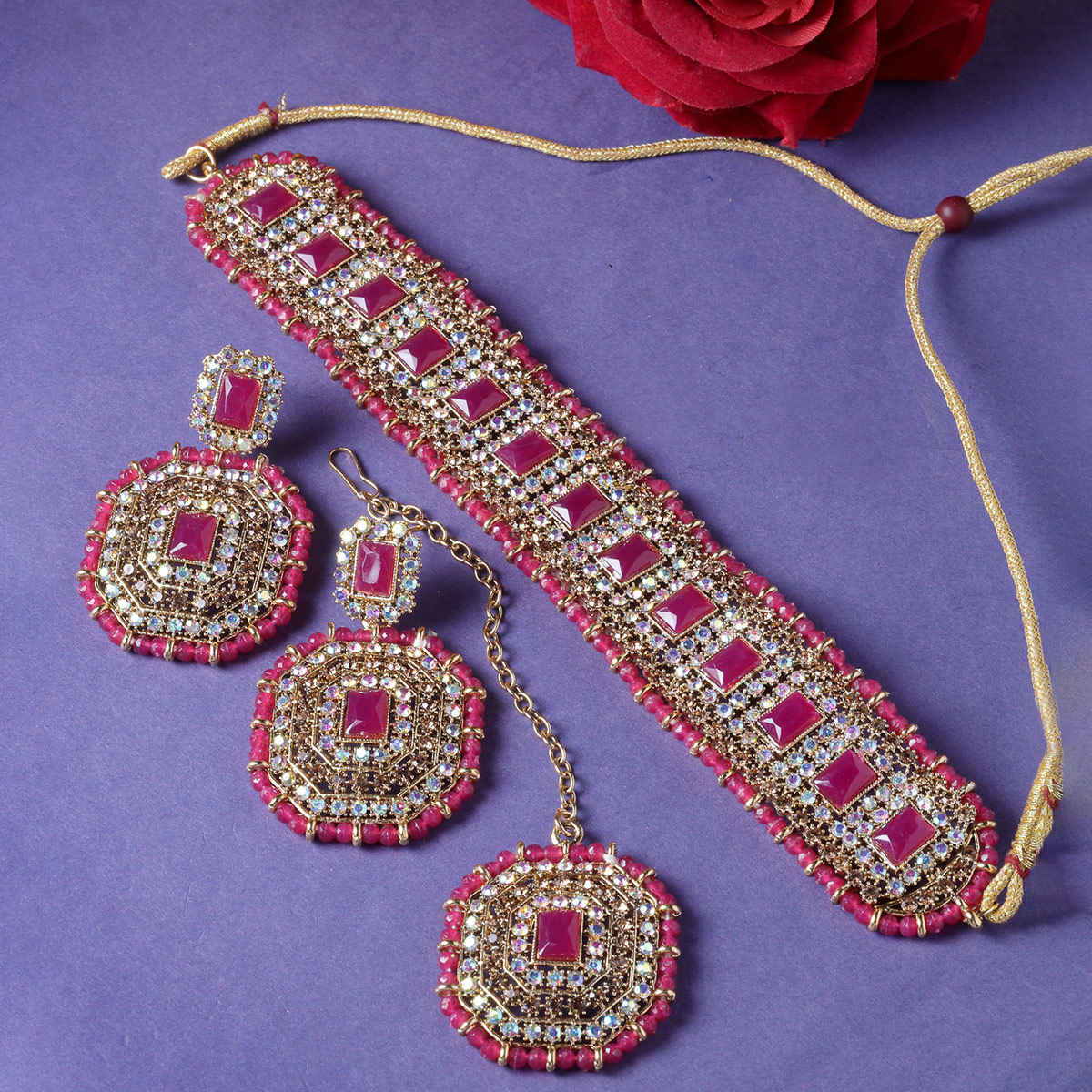 Sukkhi Inspiring Gold Plated Rani Pink Kundan & Beads Studded Collar Necklace Set