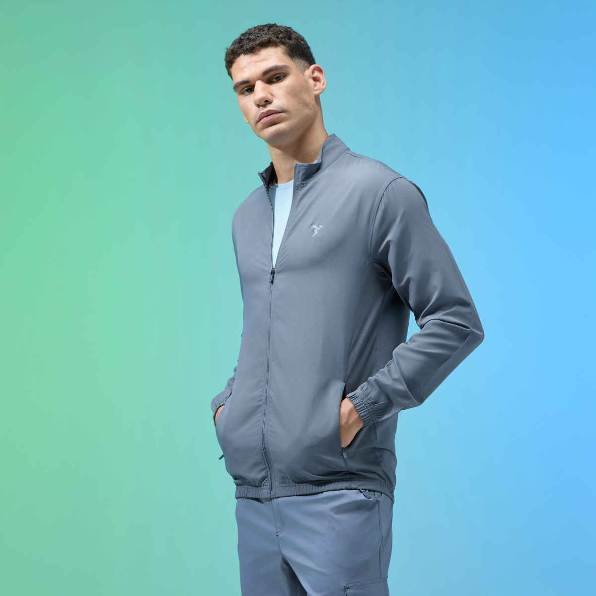 Technosport Men's Slim Fit Mock Neck Sports Jacket | TECHNOLITE Fabric | Blue - M