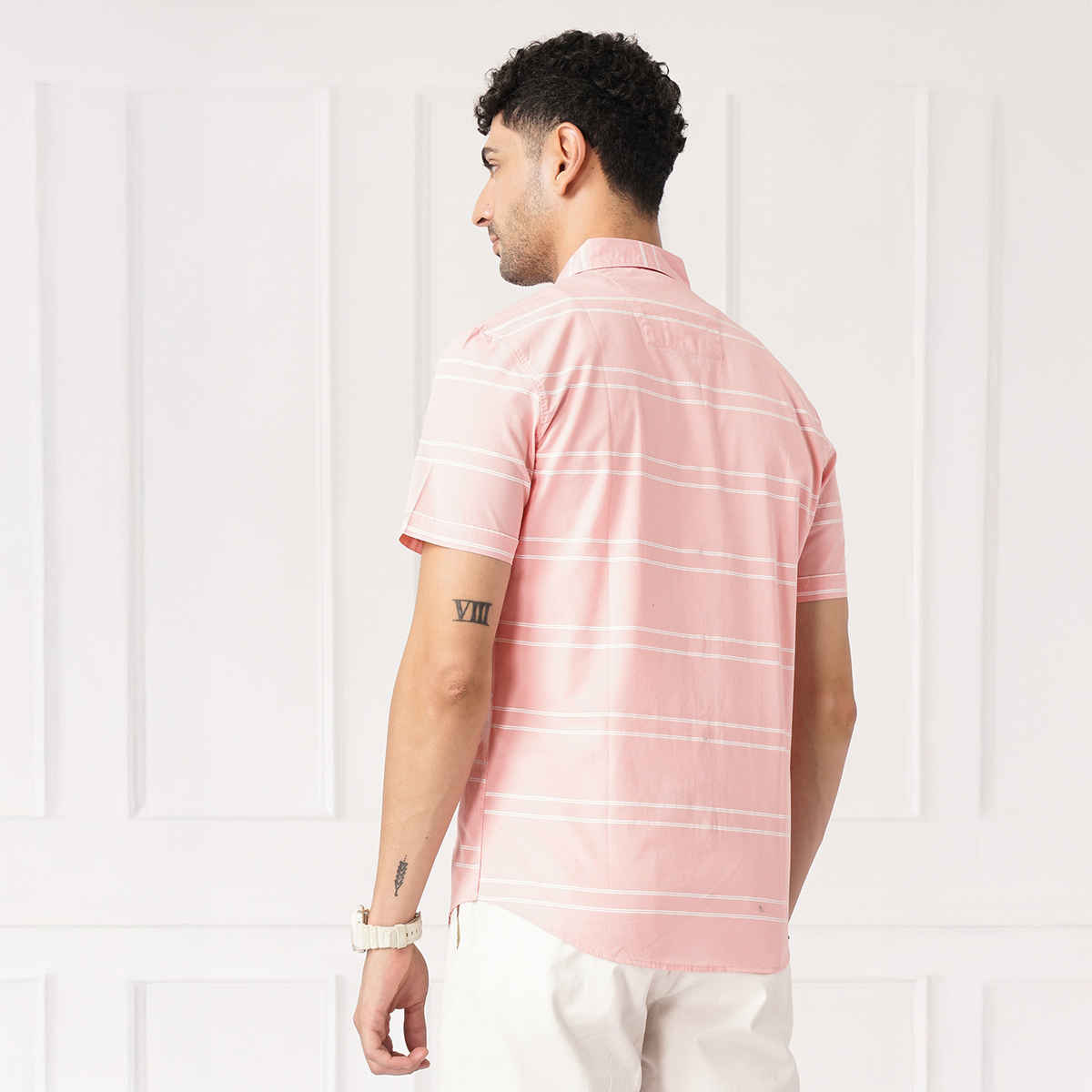 The Indian Garage Co Men's Slim Fit Striped Casual Shirt | Pink - M