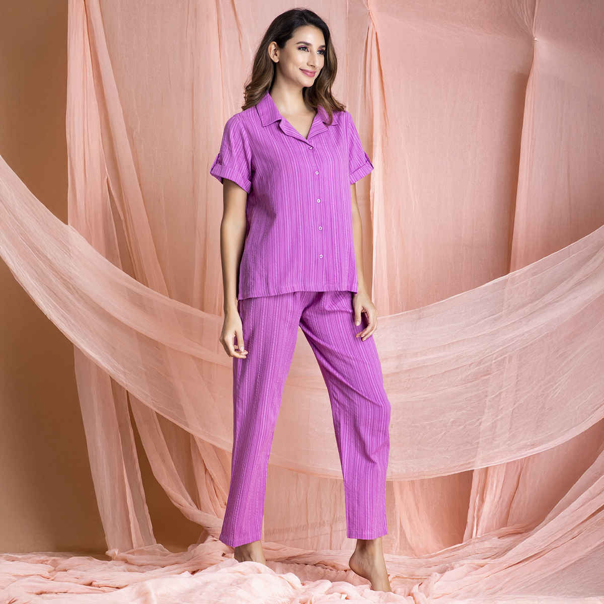 Clovia Sassy Stripes Button Down Shirt & Pyjama - Cotton(Purple - Xxl)