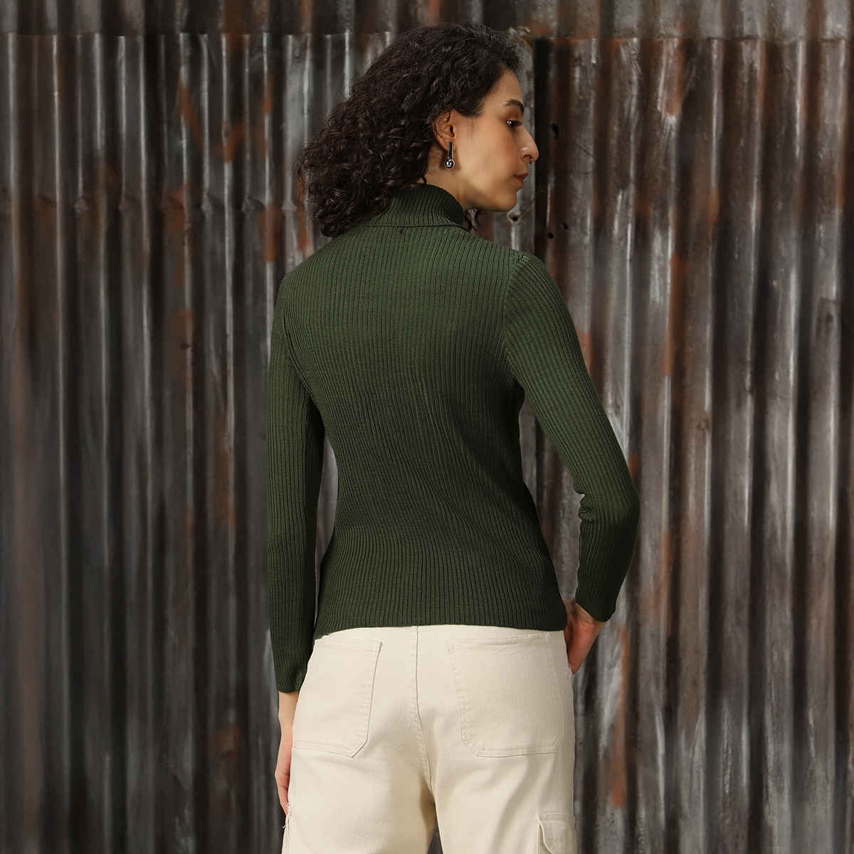 High Star Women's Ribbed Turtle Neck Solid Pullover | Dark Green - XL