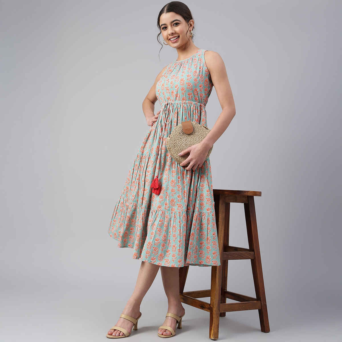 Janasya Women s Mint Green Pure Cotton Floral Block Print Tiered Western Dress - JNE3961-DR - M