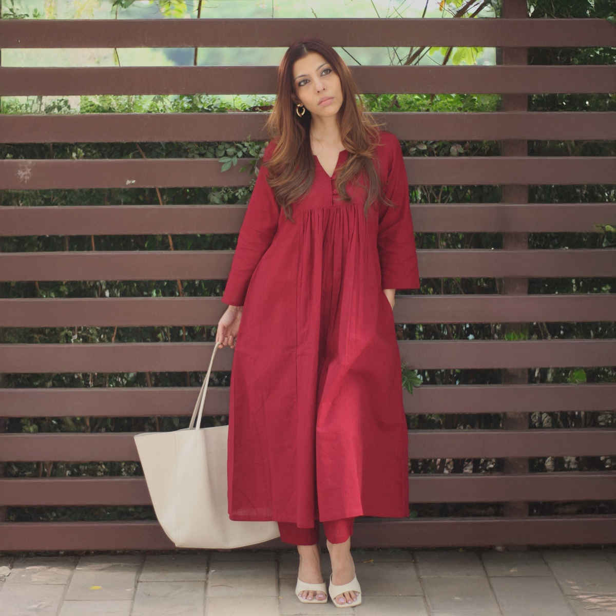 GoSriKi Women's Viscose Rayon Anarkali Solid Kurta with Pant | ANVI | Red - XL