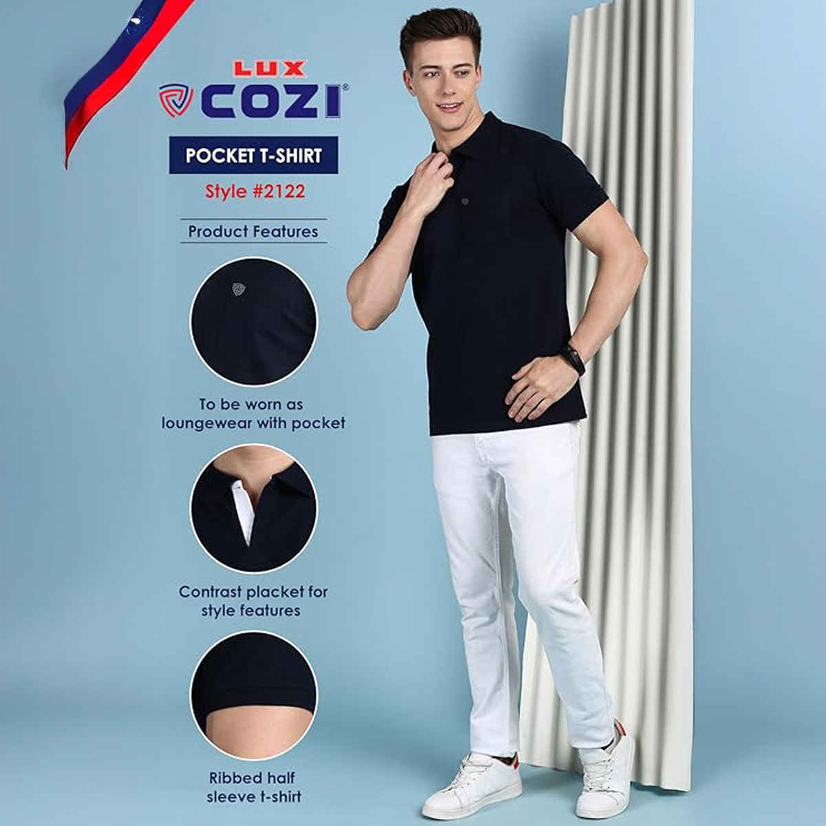 Lux Cozi Solid Cotton Polo T-shirt with Pocket for Men | Navy | Size - S