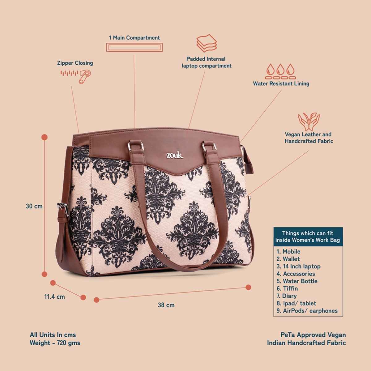 Zouk Women's Motifs Vegan Leather and Handcrafted Fabric Double Strap Women's Office Bag | Brown