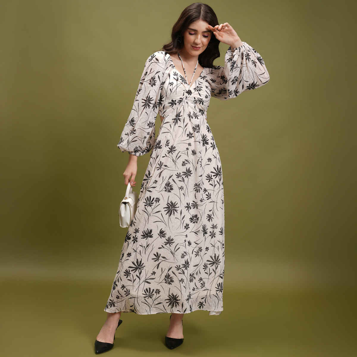 Tokyo Talkies Women's Floral Printed Tie Up Neck Puff Sleeve Cut Out Maxi Dress | Off White - XL