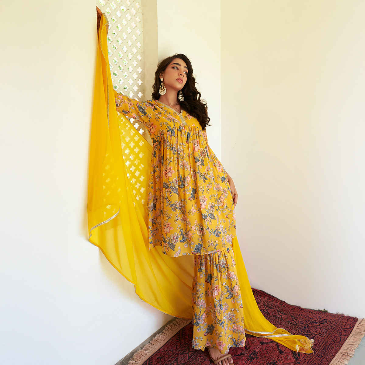 Janasya Women's Yellow Georgette Digital Floral Printed Kurta with Sharara and Dupatta | S