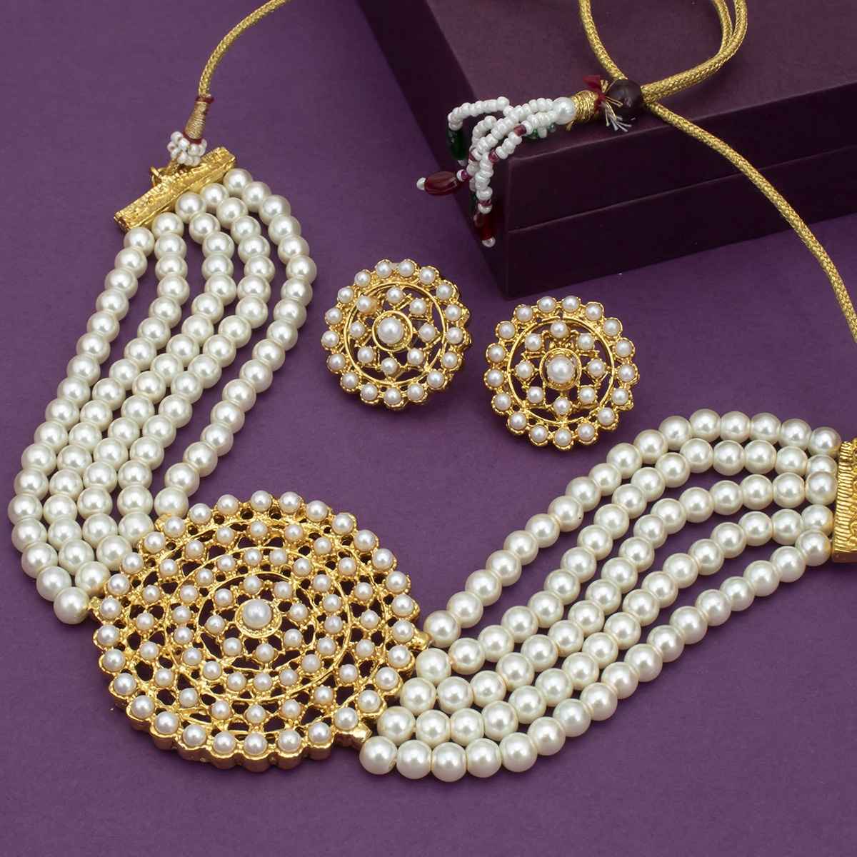 Sukkhi Lavish Gold Plated White Pearl Choker Necklace Set For Women