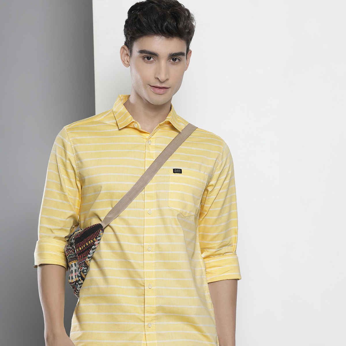 The Indian Garage Co Men's Slim Fit Striped Casual Shirt | Yellow - S